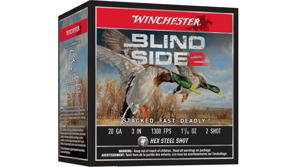 Winchester Blind Side 2 20 Gauge 1 1/16oz 3in, 2 Shot Size, 1300MV, Shotgun Ammo, 25 Rounds, XBS2032