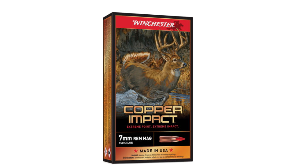 Winchester Copper Impact 7mm REM MAG 150 Grain Extreme Point Copper Brass Rifle Ammo, 20 Rounds, X7MMCLF