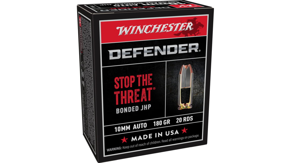 Winchester Defender 10mm Auto 180 grain Bonded Jacketed Hollow Point Centerfire Pistol Ammo, 20 Rounds, S10MMPDB