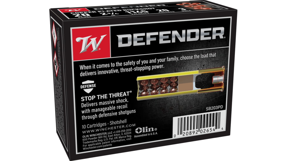 Winchester Defender 20 Gauge 2 3/4in 20 Pellets Centerfire Shotgun Buckshot Ammo, 10 Round, SB203PD