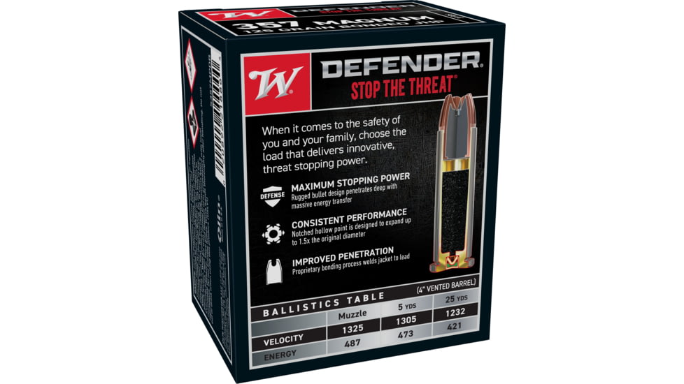 Winchester Defender HANDGUN .357 Magnum 125 grain Bonded Jacketed Hollow Point Brass Cased Centerfire Pistol Ammo, 20 Rounds, S357MPDB
