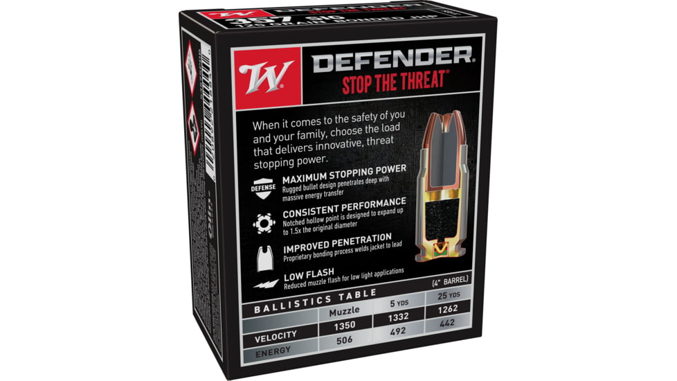 Winchester Defender HANDGUN .357 SIG 125 grain Bonded Jacketed Hollow Point Brass Cased Centerfire Pistol Ammo, 20 Rounds, S357SPDB
