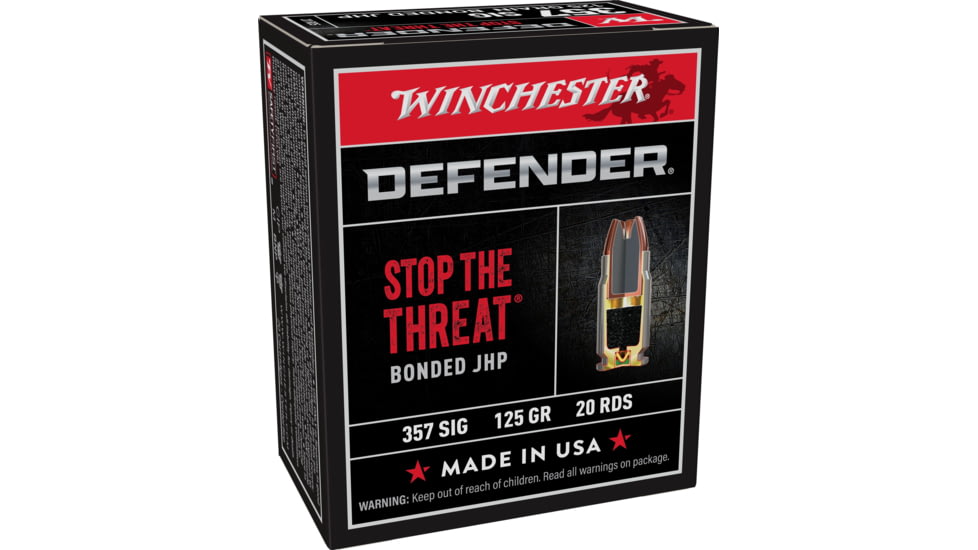 Winchester Defender HANDGUN .357 SIG 125 grain Bonded Jacketed Hollow Point Brass Cased Centerfire Pistol Ammo, 20 Rounds, S357SPDB