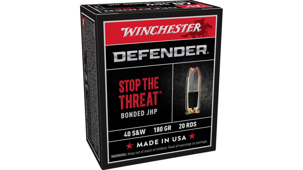 Winchester Defender HANDGUN .40 S&amp;W 165 grain Bonded Jacketed Hollow Point Centerfire Pistol Ammo, 20 Rounds, S40SWPDB