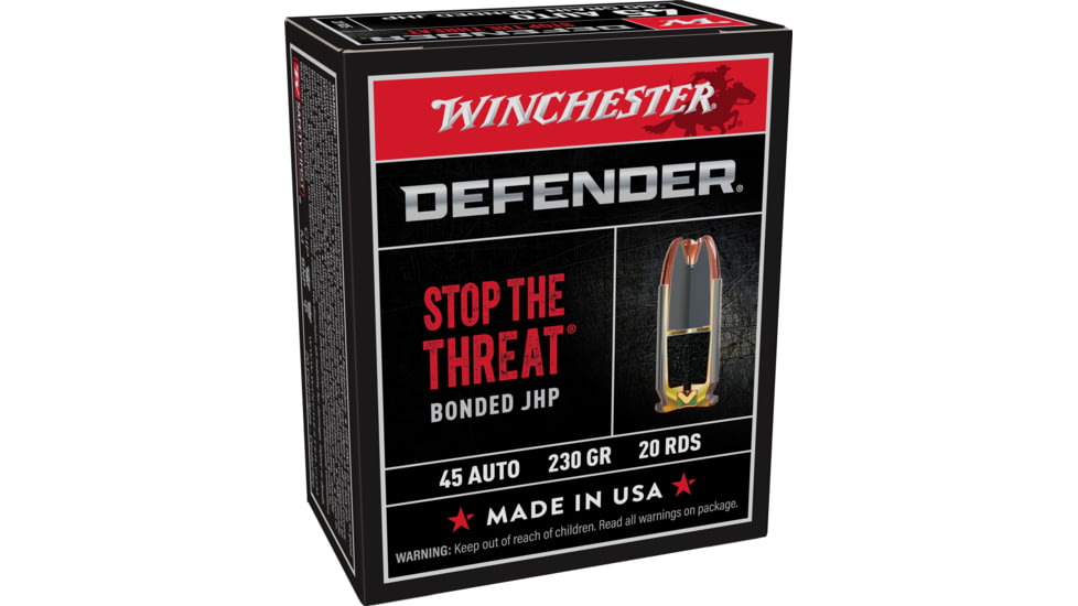 Winchester Defender HANDGUN .45 ACP 230 grain Bonded Jacketed Hollow Point Brass Cased Centerfire Pistol Ammo, 20 Rounds, S45PDB