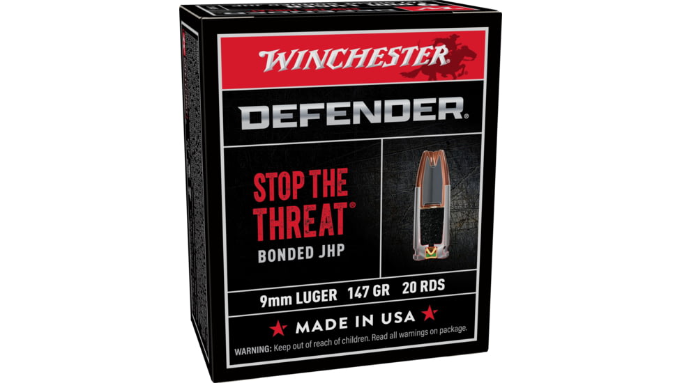 Winchester Defender HANDGUN 9 mm Luger 147 grain Bonded Jacketed Hollow Point Brass Cased Centerfire Pistol Ammo, 20 Rounds, S9 mmPDB1