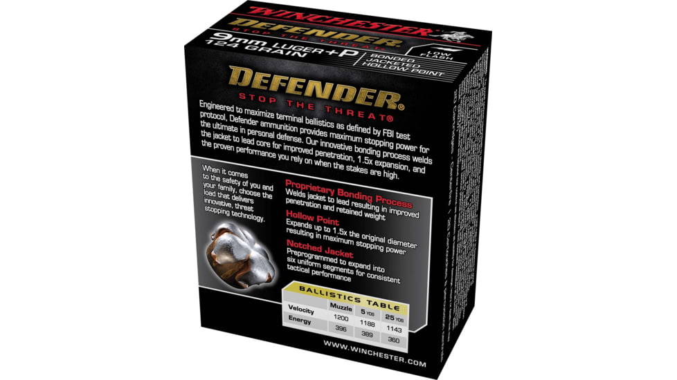 Winchester Defender HANDGUN 9 mm Luger +P 124 grain Bonded Jacketed Hollow Point Brass Cased Centerfire Pistol Ammo, 20 Rounds, S9 mmPDB