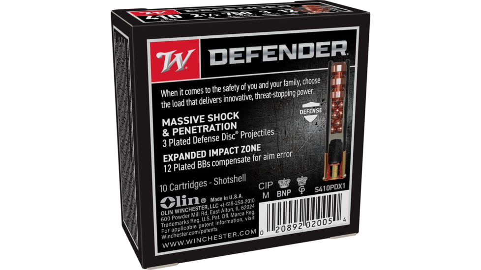 Winchester Defender Shotshell 410 Bore 1/4 oz 2.5in Centerfire Shotgun Ammo, 10 Rounds, S410PDX1