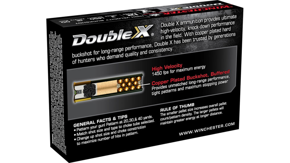 Winchester Double X 12 Gauge 12 Pellets 3in Centerfire Shotgun Buckshot Ammo, 5 Rounds, SB12300