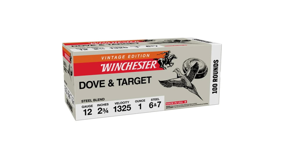 Winchester Vinatge Edition Dove &amp; Target 12 Gauge 1oz 2.75in Shotgun Ammunition, #6/7 Steel Shot, 100 Rounds, 6/7, XU12S67VP