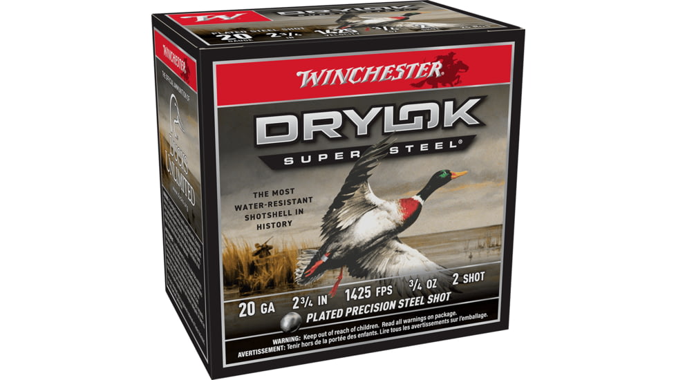 Winchester Drylok Steel Magnum 20 Gauge 3/4 oz 2-3/4in Shotgun Ammo, 25 Round, Size 2, XS202