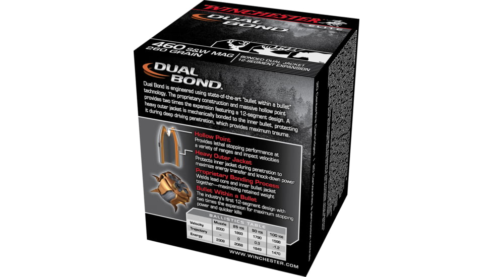 Winchester Dual Bond Handgun .460 S&amp;W 260 grain Bonded Dual Jacket Centerfire Pistol Ammo, 20 Rounds, S460SWDB