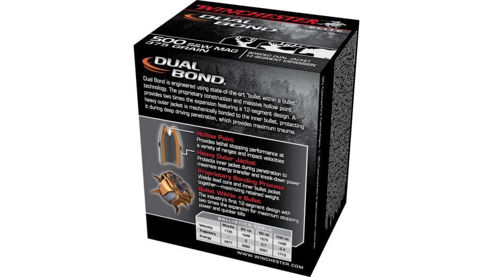 Winchester Dual Bond Handgun .500 S&amp;W Magnum 375 grain Bonded Dual Jacket Centerfire Pistol Ammo, 20 Rounds, S500SWDB