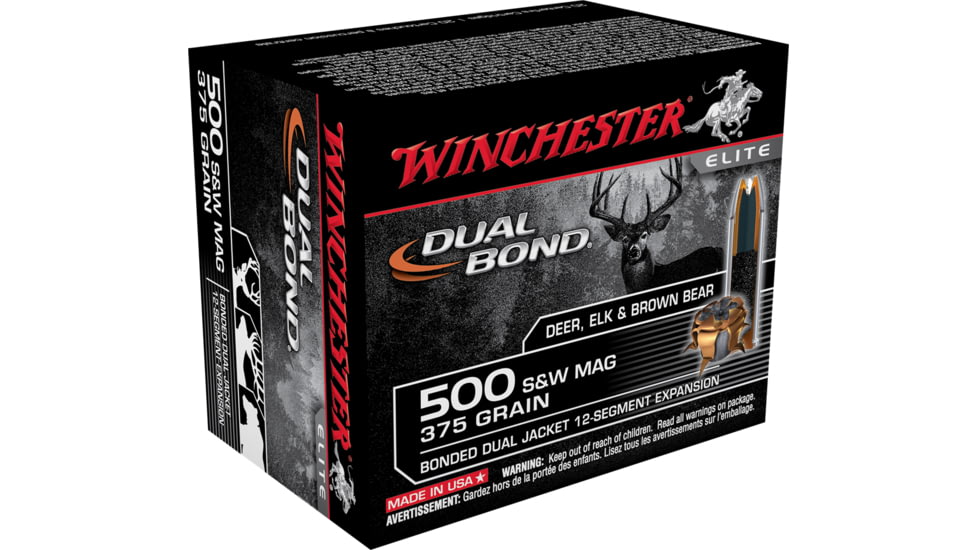 Winchester Dual Bond Handgun .500 S&amp;W Magnum 375 grain Bonded Dual Jacket Centerfire Pistol Ammo, 20 Rounds, S500SWDB