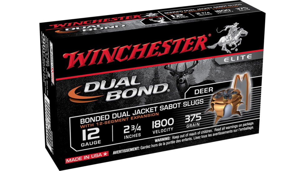 Winchester Dual Bond Shotshell 12 Gauge 375 grain 2.75in Centerfire Shotgun Slug Ammo, 5 Rounds, SSDB12