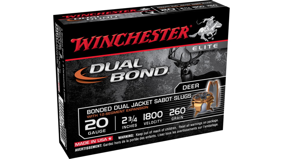 Winchester Dual Bond Shotshell 20 Gauge 260 grain 2.75in Centerfire Shotgun Slug Ammo, 5 Rounds, SSDB20
