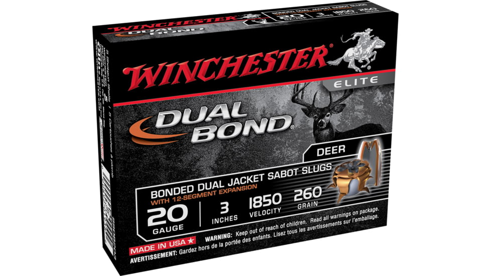 Winchester Dual Bond Shotshell 20 Gauge 260 grain 3in Centerfire Shotgun Slug Ammo, 5 Rounds, SSDB203