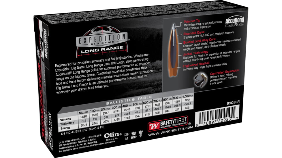 Winchester Expedition Big Game Long Range .308 Win. 168 Grain Accubond LR Rifle Ammo, 20 Round, S308LR