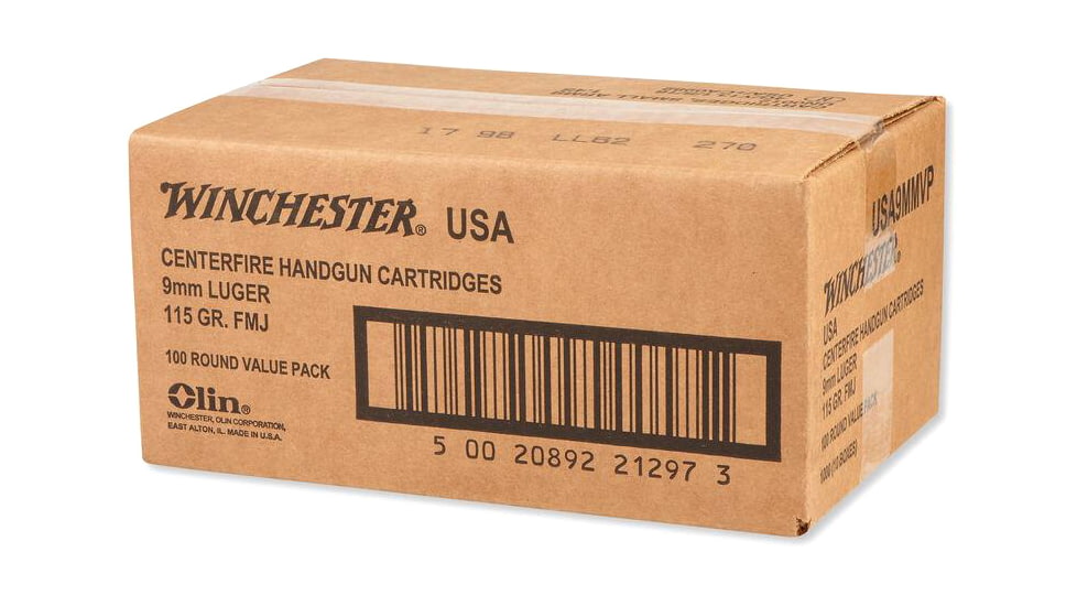Winchester Handgun Ammo 9mm Luger 115 gr FMJ 1190 fps 1000/case, USA9MMVPC