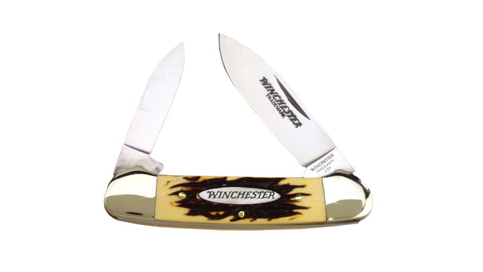 Winchester Knives 3 5/8in, 2 Blade Canoe w/ Spear and Pen Blades w/ Stag Delrin Handle, Clam Pack W 40 14012 C