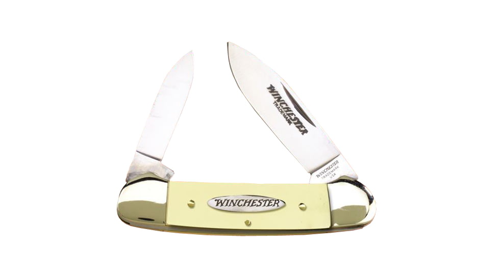 Winchester Knives 3 5/8in, 2 Blade Canoe w/ Spear and Pen Blades w/ Yellow Delrin Handle, Clam Pack W 40 14012 YC