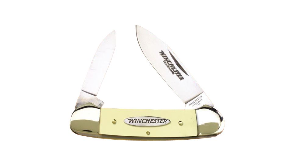 Winchester Knives 3 5/8in, 2 Blade Canoe w/ Spear and Pen Blades w/ YellowDelrin Handle, Box W 40 14012 YB