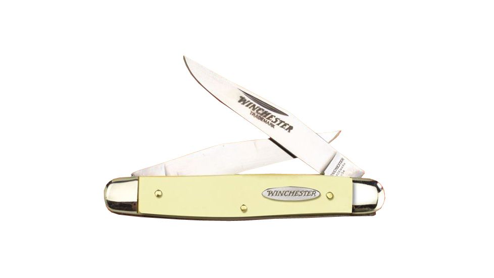 Winchester Knives 3 7/8in, 2 Blade Buckstag Muskrat w/ Two Clip Blades, Yellow Delrin Handle, Clam Pack W 40 14027 YC
