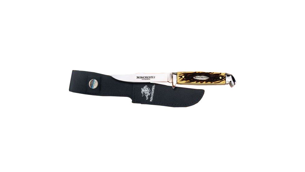 Winchester Knives 3in, 1 Blade, Fixed Blade Bird and Trout Knife w/Stag Delrin Handle and Winchester Oval Stamped Shield, Box W 40 14003 B