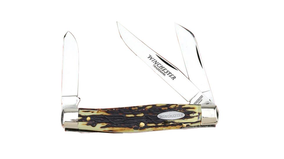Winchester Knives 4in, 3 Blade Stockman w/ Stag Delrin Handle and Winchester Oval Stamped Shield, Clam Pack W 40 14086 C