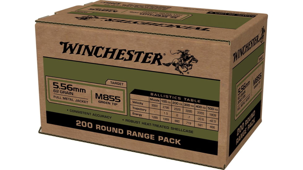 Winchester Lake City 5.56mm M855 Green Tip 62gr FMJ 4-200 RD Boxes 800 RD Case, WM855200C