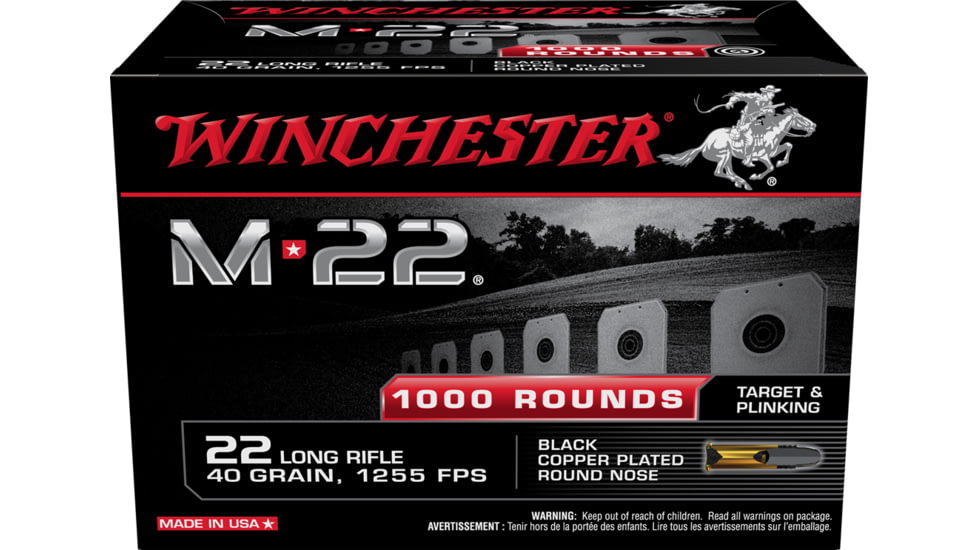 Winchester M-22 .22 Long Rifle 40 grain Copper Plated Lead Round Nose Rimfire Ammo, 1000 Rounds, S22LRT