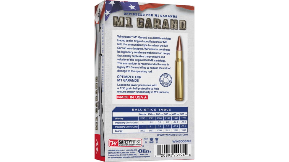 Winchester M1 GARAND .30-06 Springfield 150 Grain Full Metal Jacket Brass Rifle Ammo, 20 Rounds, WIN3006M2