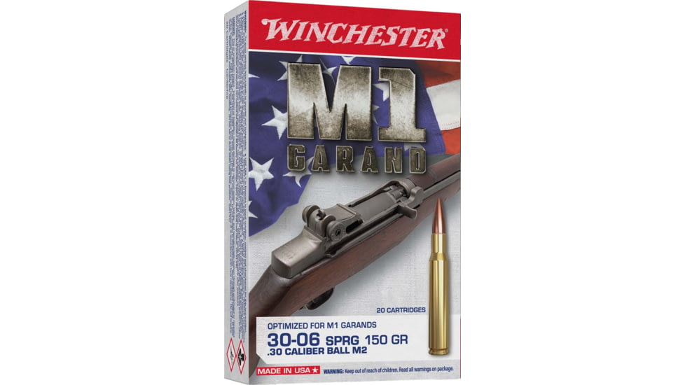 Winchester M1 GARAND .30-06 Springfield 150 Grain Full Metal Jacket Brass Rifle Ammo, 20 Rounds, WIN3006M2