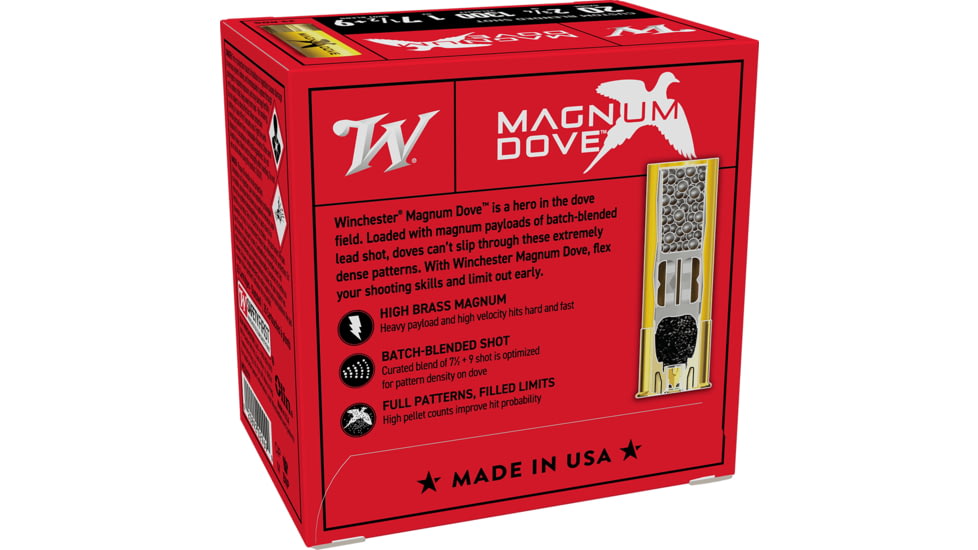 Winchester Magnum Dove 20 Gauge 1oz 2 3/4in Shotgun Ammo, #7.5, #9, 25 Rounds, MD2079