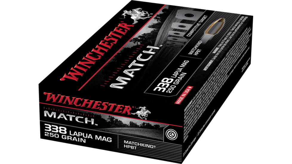 Winchester MATCH .338 Lapua Magnum 250 grain Boat Tail Hollow Point Centerfire Rifle Ammo, 20 Rounds, S338LM