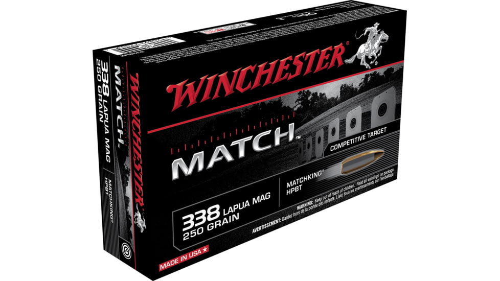Winchester MATCH .338 Lapua Magnum 250 grain Boat Tail Hollow Point Centerfire Rifle Ammo, 20 Rounds, S338LM