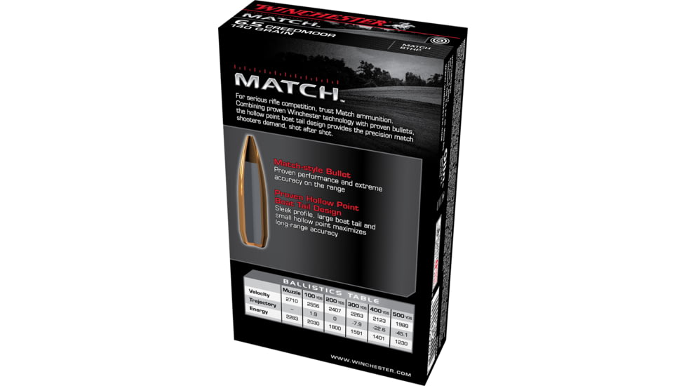 Winchester MATCH 6.5 Creedmoor 140 grain Boat Tail Hollow Point Centerfire Rifle Ammo, 20 Rounds, S65CM
