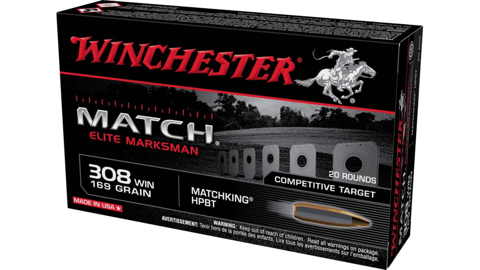 Winchester Match Elite Marksman .308 Winchester 169 Grain Matchking HPBT Centerfire Rifle Ammunition, 20 Rounds, S308M2