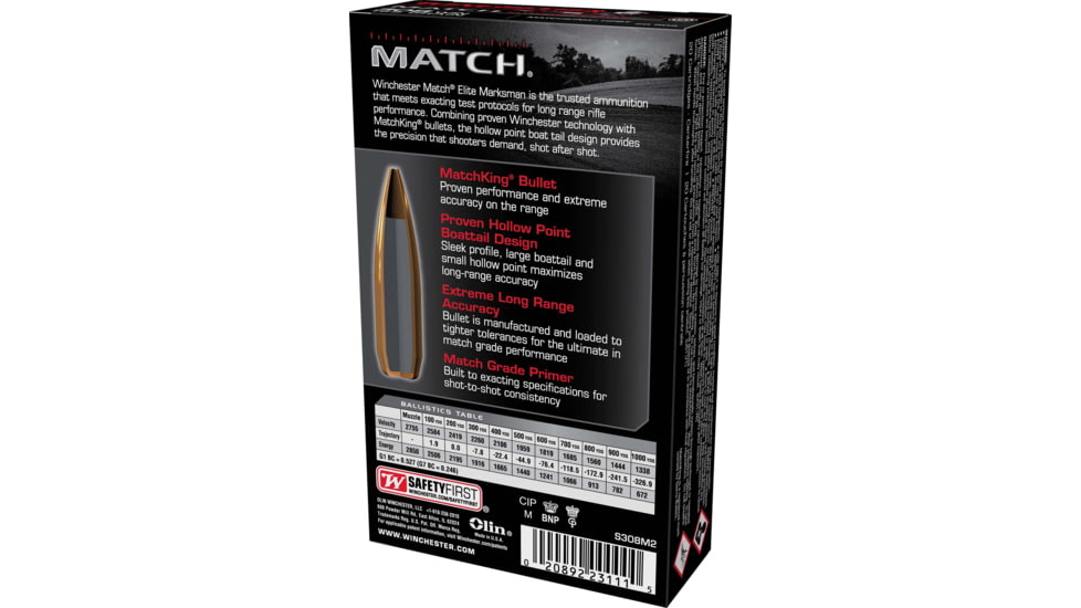 Winchester Match Elite Marksman .308 Winchester 169 Grain Matchking HPBT Centerfire Rifle Ammunition, 20 Rounds, S308M2