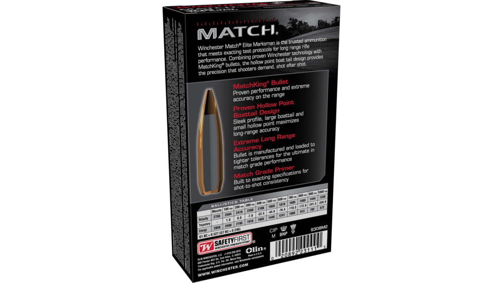 Winchester Match Elite Marksman .308 Winchester 169 Grain Matchking HPBT Centerfire Rifle Ammunition, 20 Rounds, S308M2