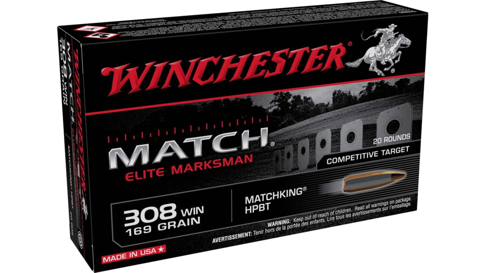 Winchester Match Elite Marksman .308 Winchester 169 Grain Matchking HPBT Brass Cased Rifle Ammo, 20 Rounds, S308M2