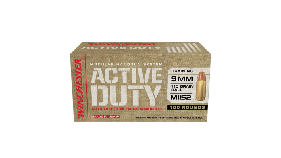 Winchester MHS, 9 mm Luger, 115 grain, Full Metal Jacket Flat Nose, Brass, Centerfire Pistol Ammo, 100 Rounds, WIN9MHSC