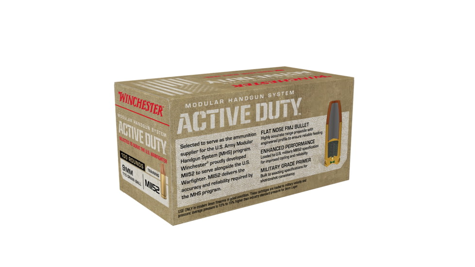 Winchester MHS, 9 mm Luger, 115 grain, Full Metal Jacket Flat Nose, Brass, Centerfire Pistol Ammo, 100 Rounds, WIN9MHSC
