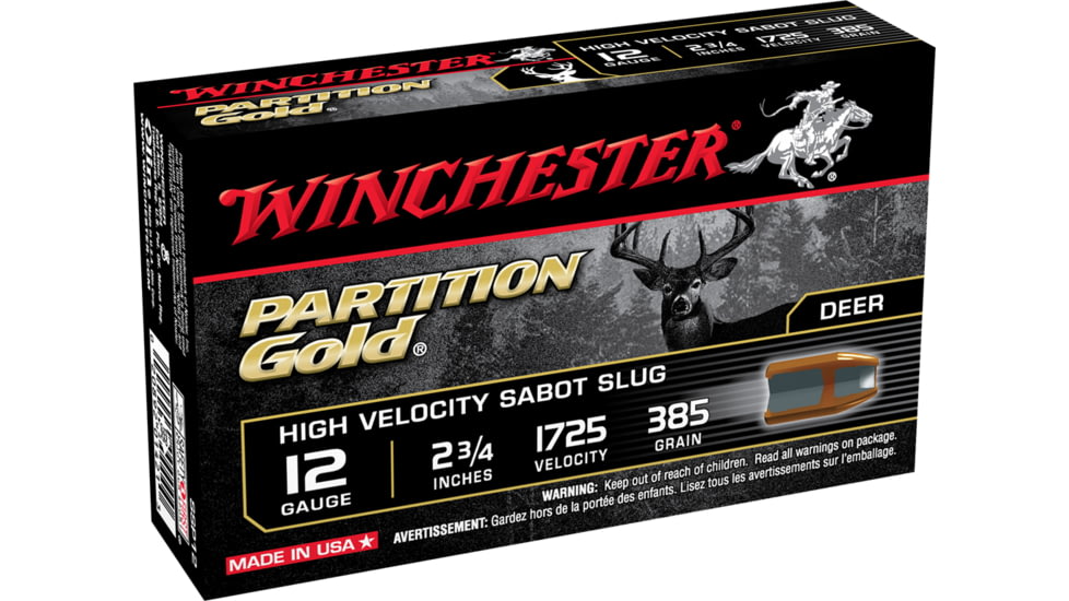 Winchester PARTITION GOLD 12 Gauge 385 grain 2.75in Centerfire Shotgun Slug Ammo, 5 Rounds, SSP12