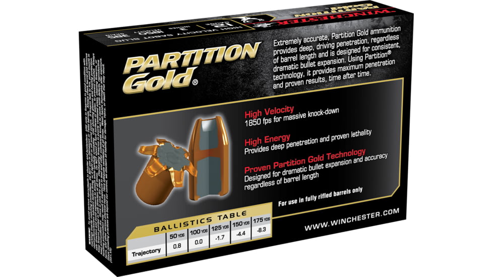 Winchester PARTITION GOLD 12 Gauge 385 grain 3in Centerfire Shotgun Slug Ammo, 5 Rounds, SSP123