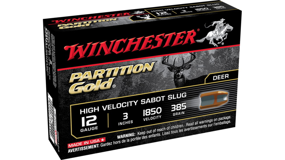 Winchester PARTITION GOLD 12 Gauge 385 grain 3in Centerfire Shotgun Slug Ammo, 5 Rounds, SSP123
