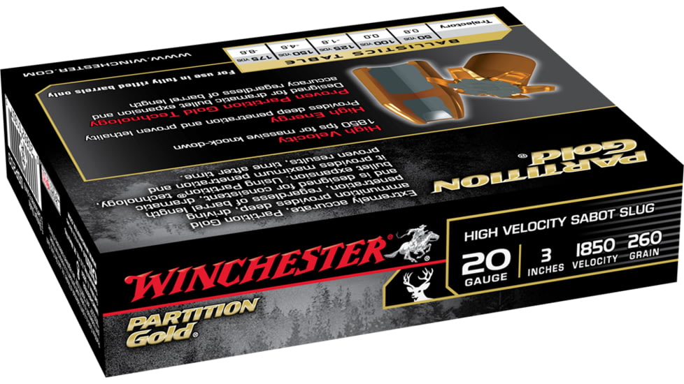 Winchester PARTITION GOLD 20 Gauge 280 grain 3in Centerfire Shotgun Slug Ammo, 5 Rounds, SSP203