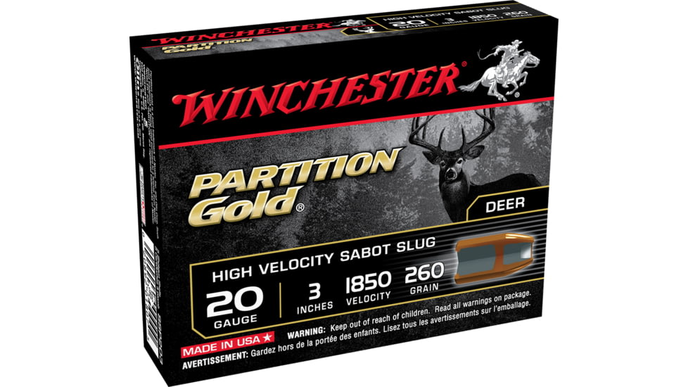 Winchester PARTITION GOLD 20 Gauge 280 grain 3in Centerfire Shotgun Slug Ammo, 5 Rounds, SSP203