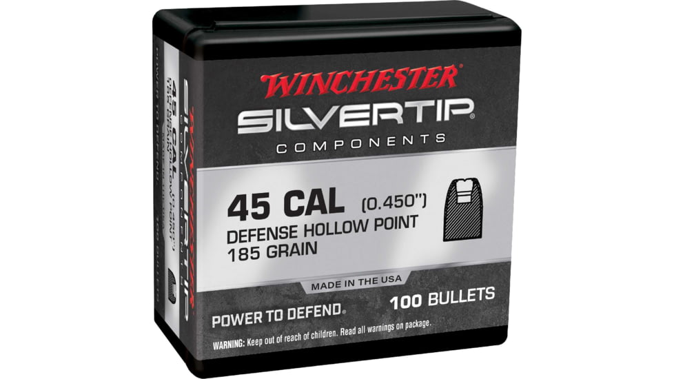 Winchester Pistol Bullets, 45 Automatic, 185 Grain, Silvertip JHP, 100 Bullets, WB45AS185X