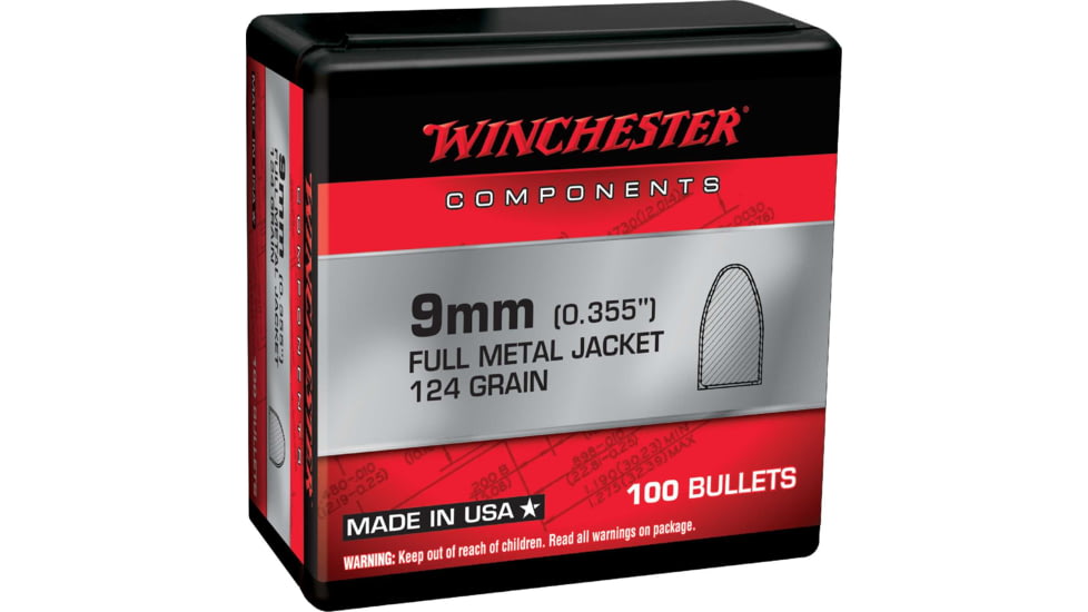 Winchester Pistol Bullets, 9mm, 124 Grain, Full Metal Jacket, 100 Bullets, WB9MC124X